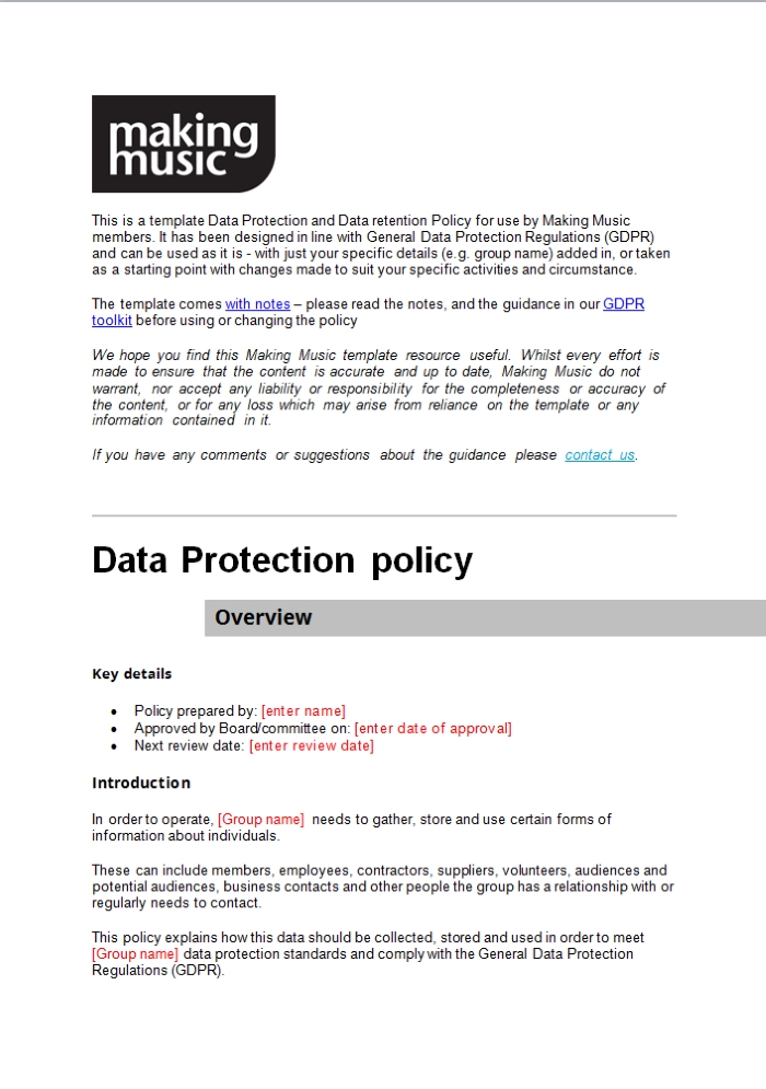 Data Protection And Retention Policy Template | Making Music